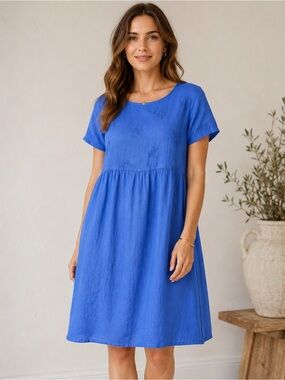 Terzo Millennio 100% Linen Embroidered Dress XL 16/48 Blue Made in Italy NWT